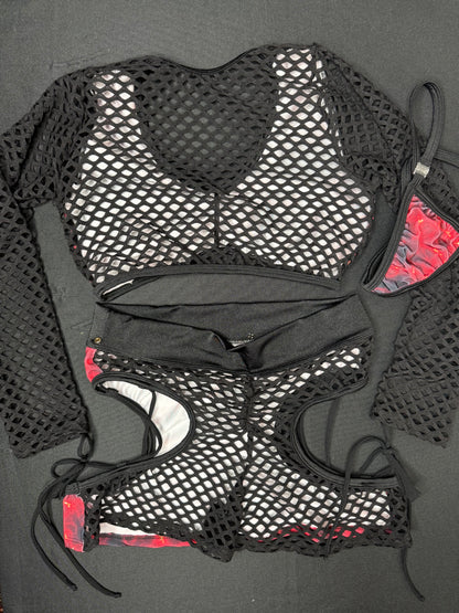 Cosmic Red/Black Spandex Fishnet Two-Piece Lingerie Outfit