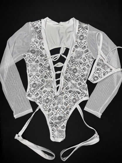 White Bandana Spandex/Mesh Garter One-Piece Leotard Lingerie Outfit
