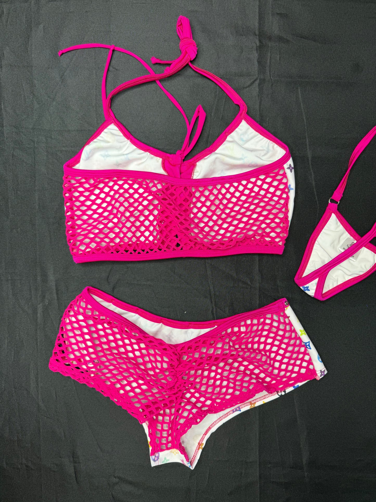 White Designer/Fuchsia Hot Pink Spandex Two-Piece Shorts Lingerie Outfit