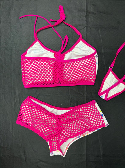 White Designer/Fuchsia Hot Pink Spandex Two-Piece Shorts Lingerie Outfit