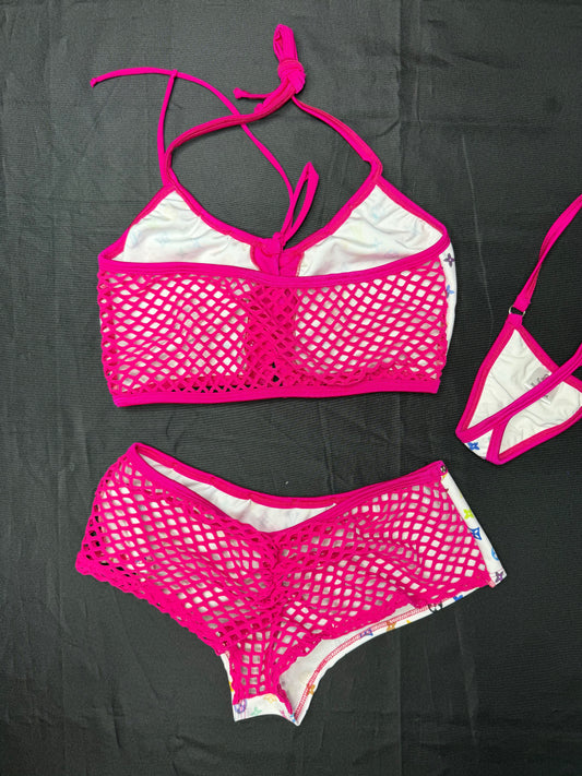 White Designer/Fuchsia Hot Pink Spandex Two-Piece Shorts Lingerie Outfit