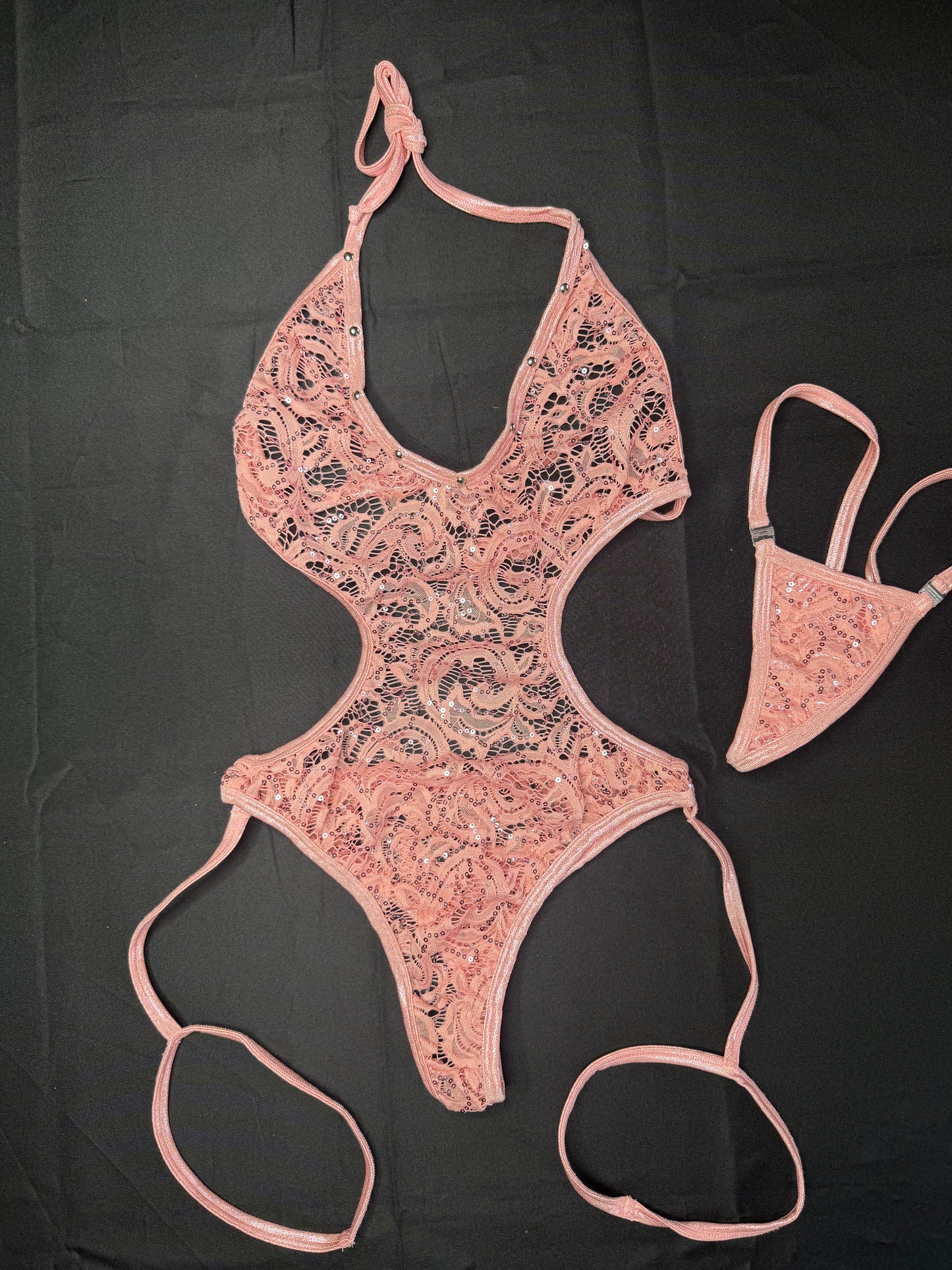 Nude Lace/Metallic Pink Trim One-Piece Lingerie Outfit