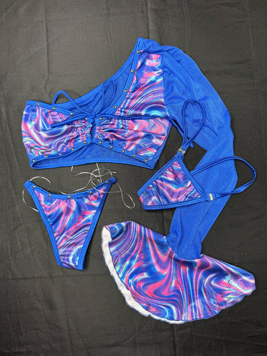 Cosmic Purple Spandex/Royal Blue Mesh Single Sleeve/Silicone String Bottoms Two-Piece Lingerie Outfit