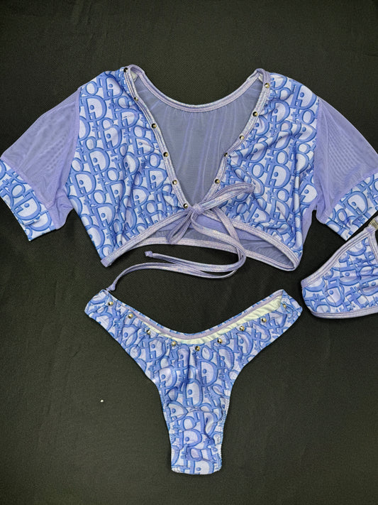 Lavender Designer Spandex/Lavender Mesh Two-Piece Cheeky Thong Lingerie Outfit