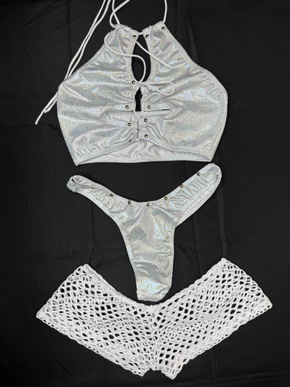 Metallic Silver Spandex Three Piece Lingerie Outfit