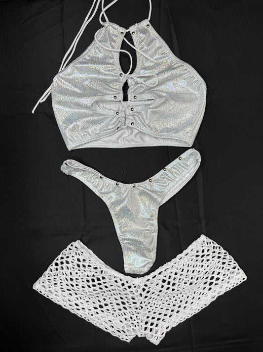 Metallic Silver Spandex Three Piece Lingerie Outfit