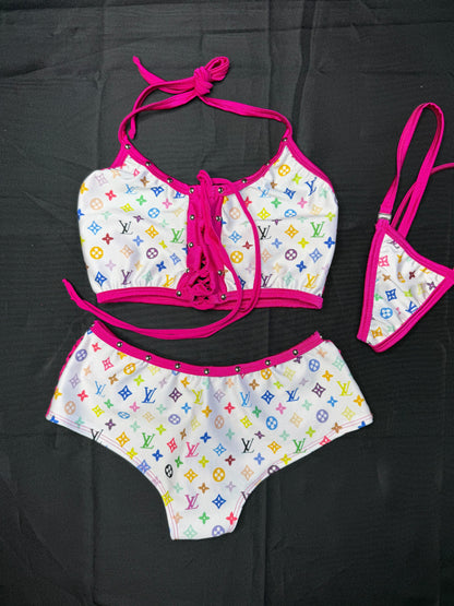 White Designer/Hot Pink Spandex Two-Piece Sports Bra/Shorts Lingerie Outfit