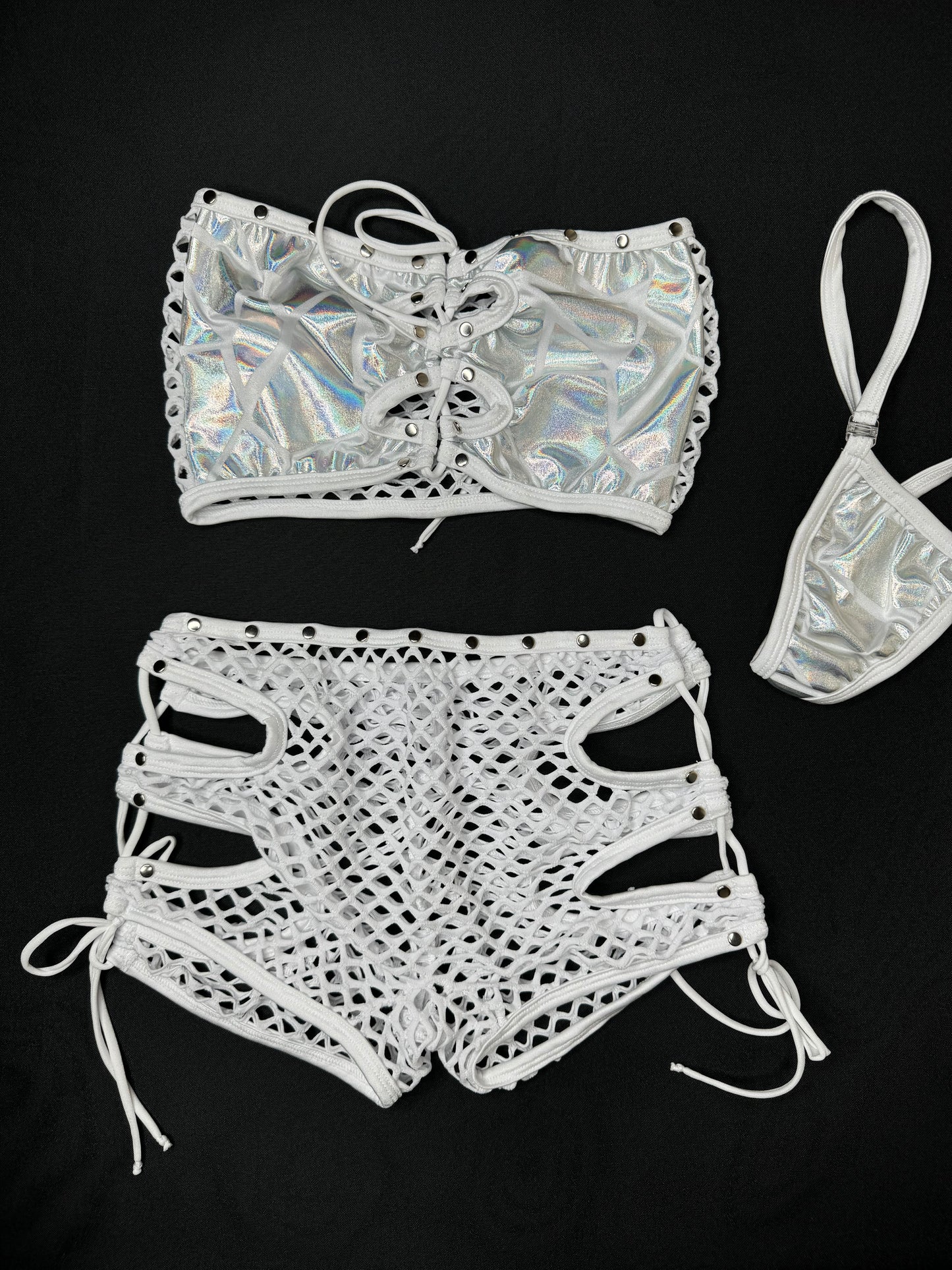 Silver/White Two-Piece Tube Top/Fishnet Shorts Lingerie Outfit