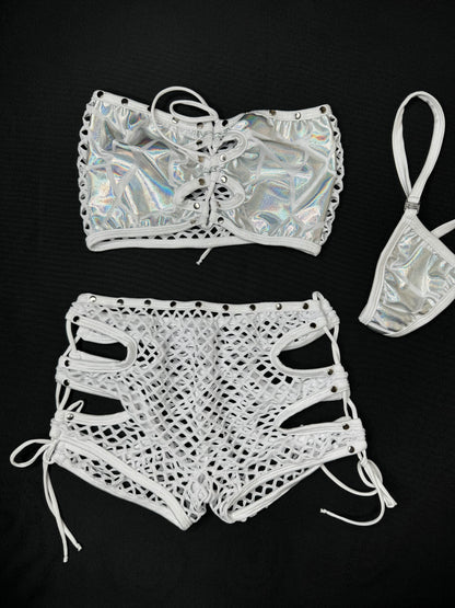 Silver/White Two-Piece Tube Top/Fishnet Shorts Lingerie Outfit