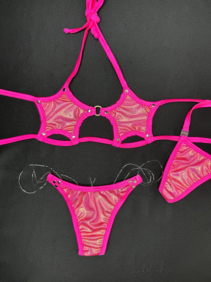 Mystic Hot Pink Star Top/Silicone String Bottoms Two-Piece Bikini Lingerie Outfit