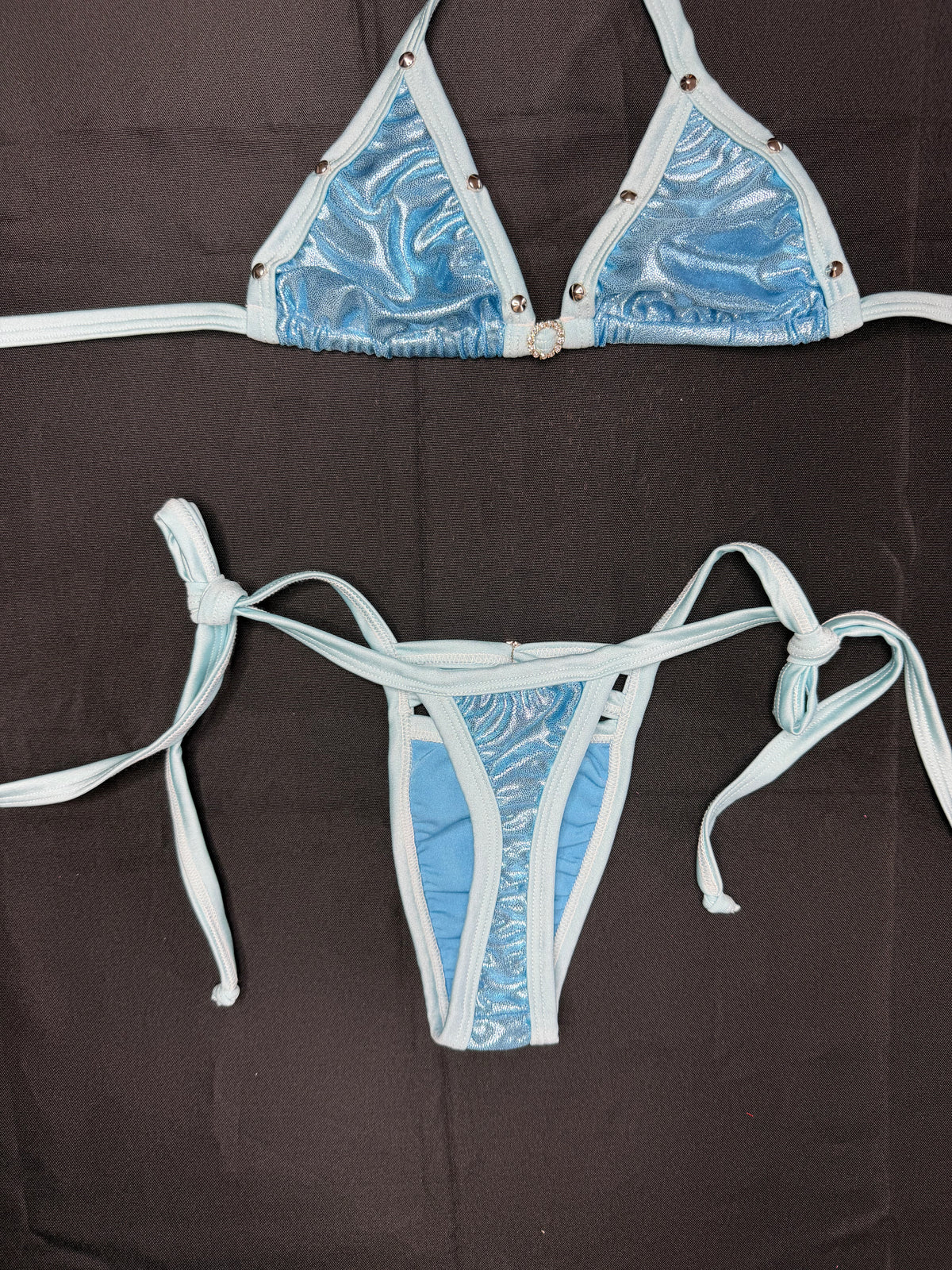 Metallic Baby Blue/Baby Blue Spandex Two-Piece Bikini Garters Lingerie Outfit