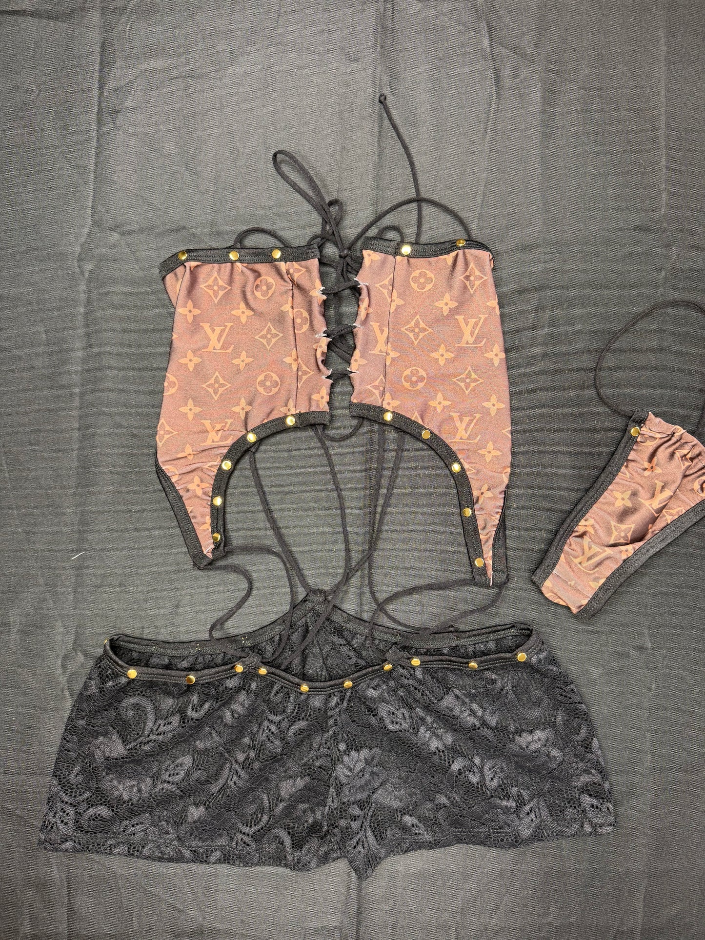 Designer Brown Spandex/Black Lace Spandex One-Piece Lingerie Outfit