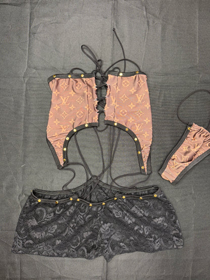 Designer Brown Spandex/Black Lace Spandex One-Piece Lingerie Outfit