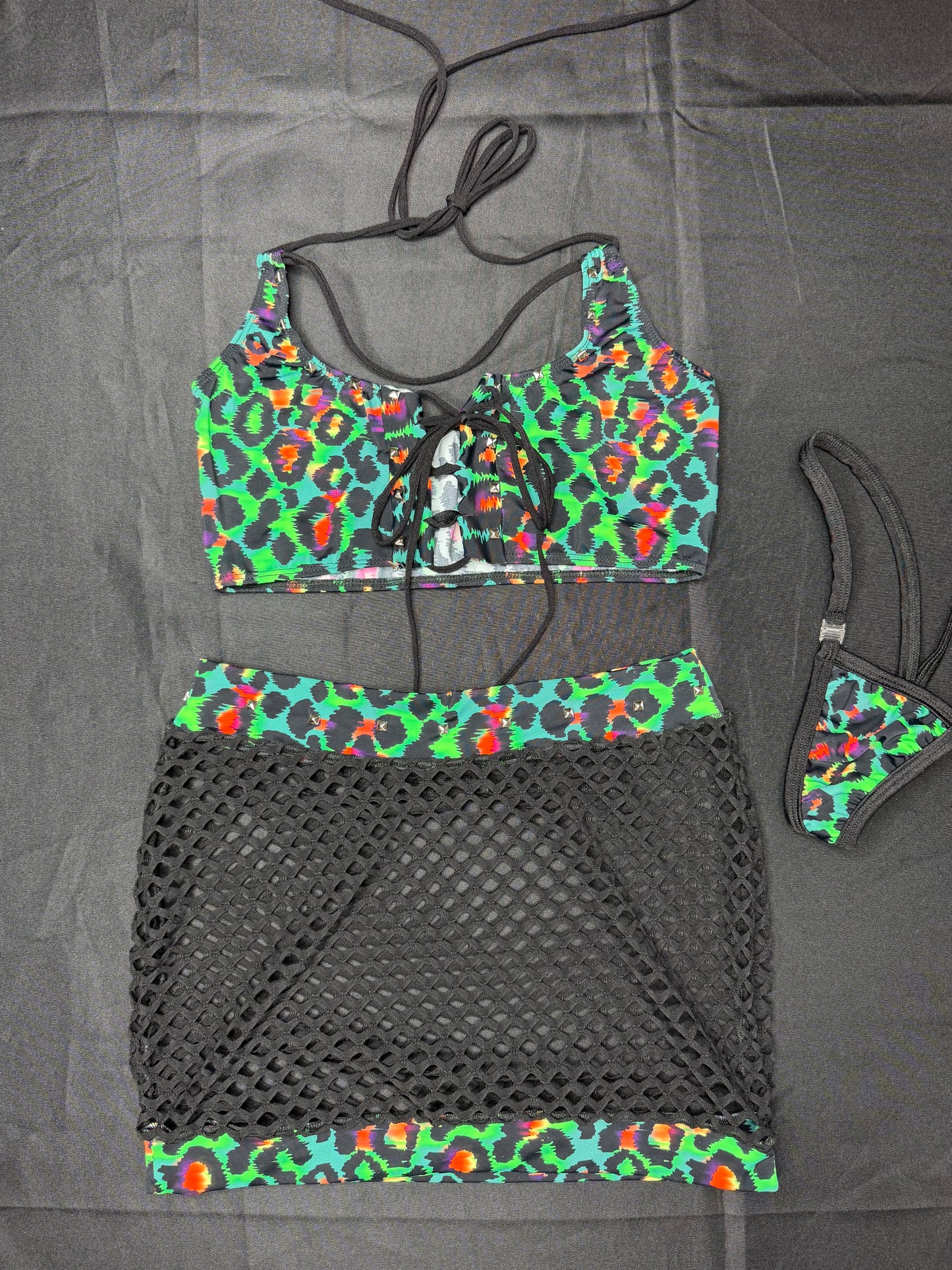 Green Animal Print Sports Bra/Black Fishnet Skirt Two-Piece Skirt Lingerie Outfit