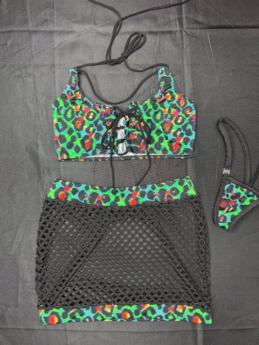 Green Animal Print Sports Bra/Black Fishnet Skirt Two-Piece Skirt Lingerie Outfit