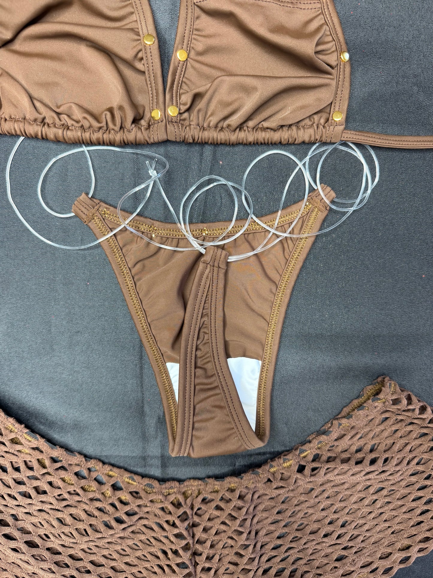 Mocha/Chocolate Spandex Three-Piece Lingerie Outfit