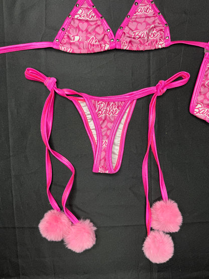 Designer Baby Pink/Hot Pink Pom Pom Bikini Lingerie Outfit