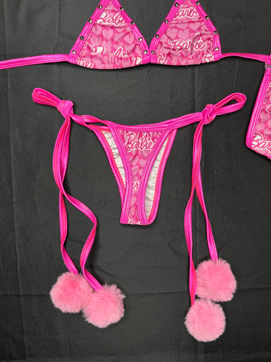 Designer Baby Pink/Hot Pink Pom Pom Bikini Lingerie Outfit
