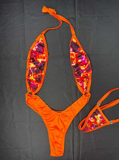 Cosmic Orange/Orange Spandex One-Piece Sling-Shot Lingerie Outfit