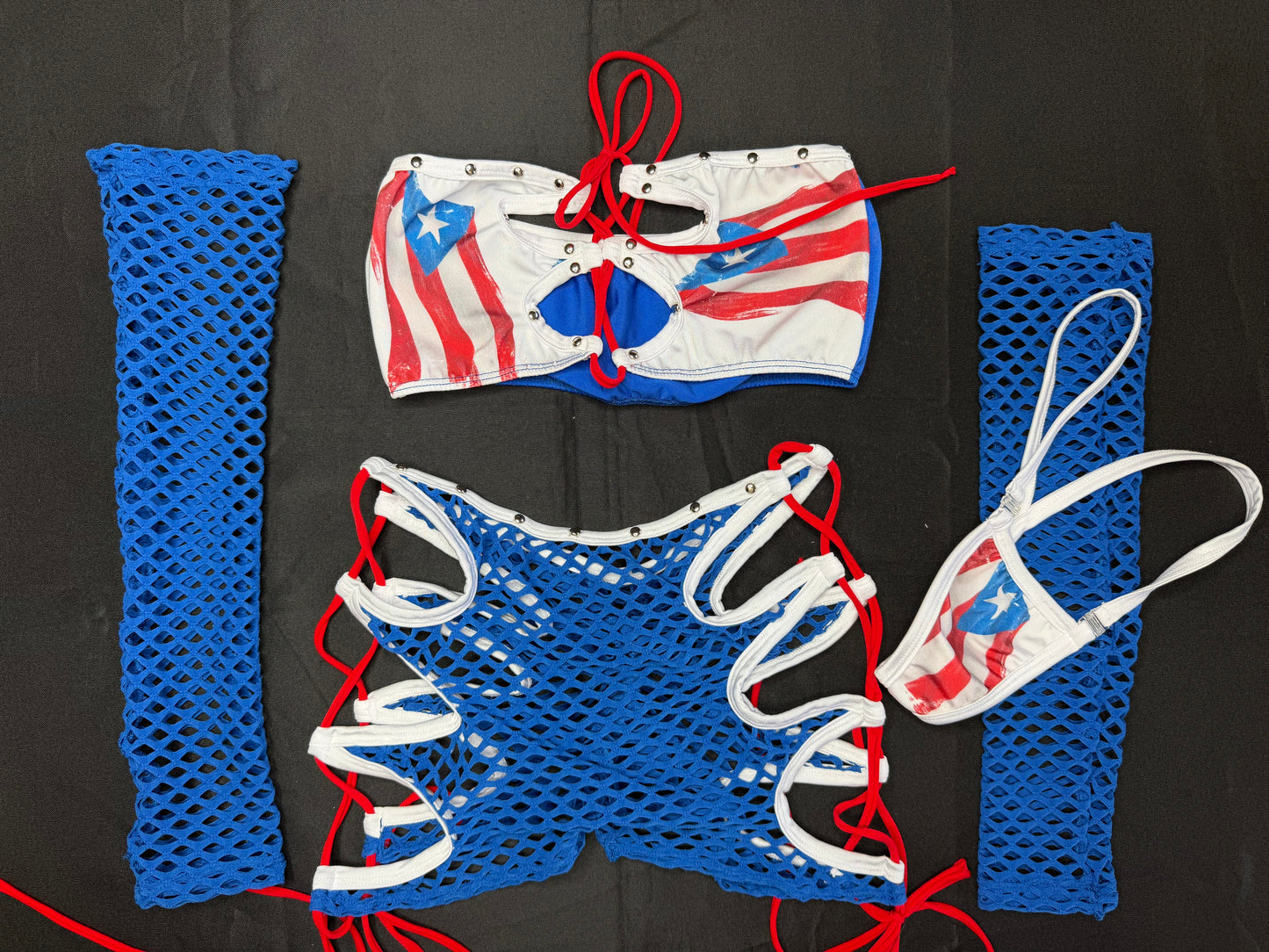 Puerto Rican Flag/Blue/Red Spandex Three-Piece Lingerie Outfit