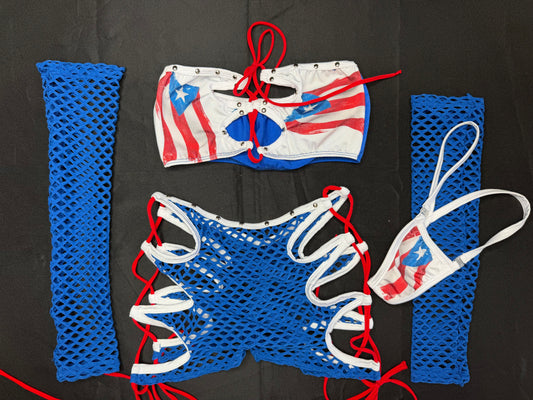 Puerto Rican Flag/Blue/Red Spandex Three-Piece Lingerie Outfit