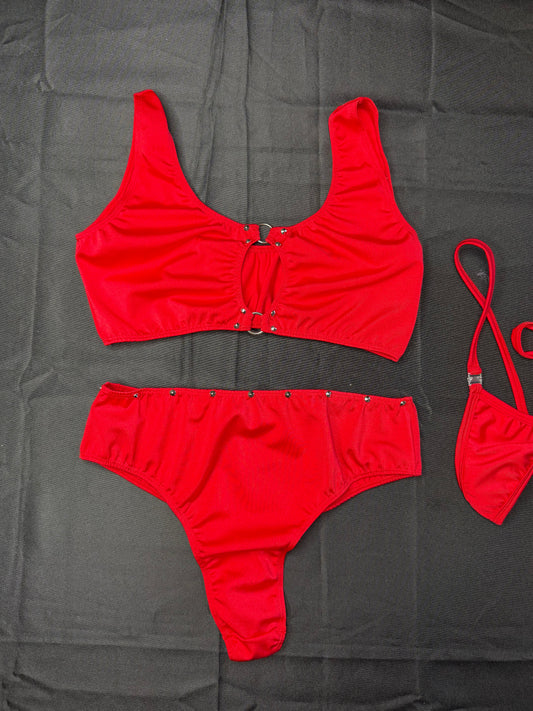 Red Spandex Sports Bra/Shorts Two-Piece Lingerie Outfit