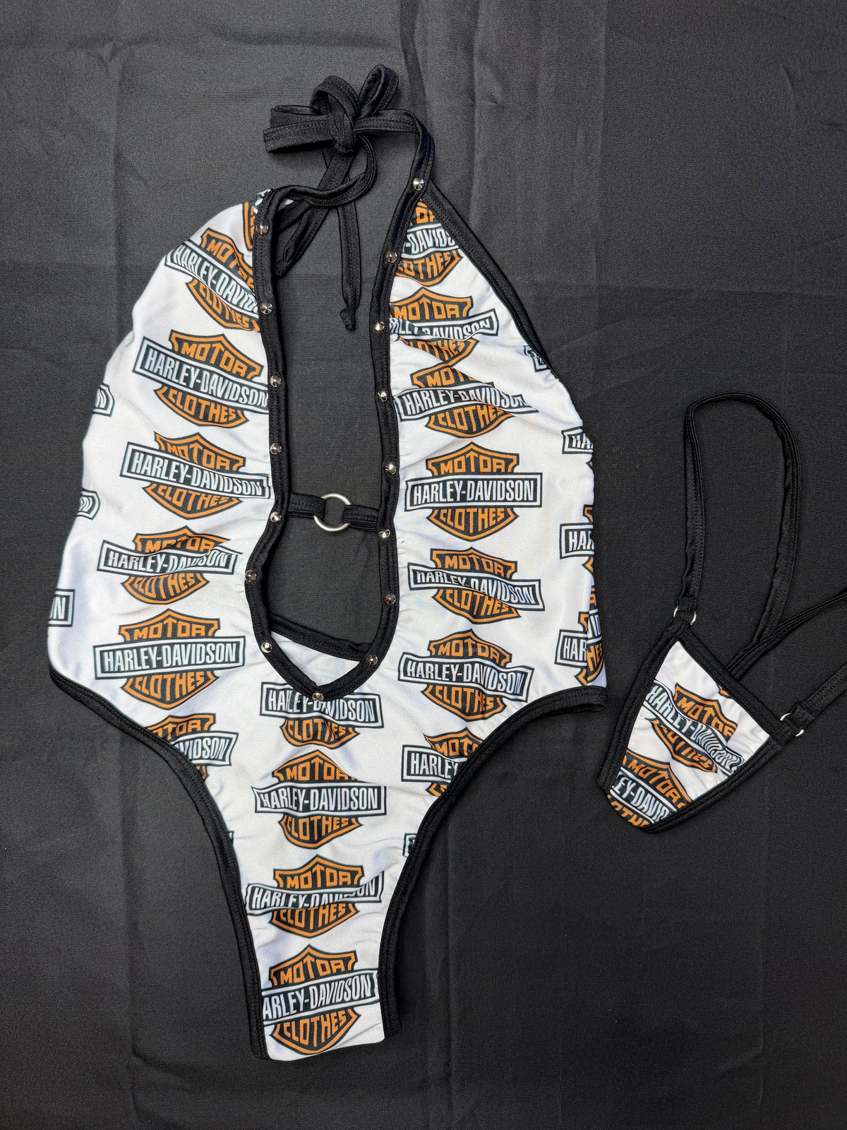 White Harley Print/Black Spandex One-Piece Lingerie Outfit