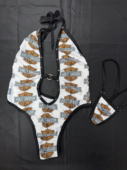 White Harley Print/Black Spandex One-Piece Lingerie Outfit