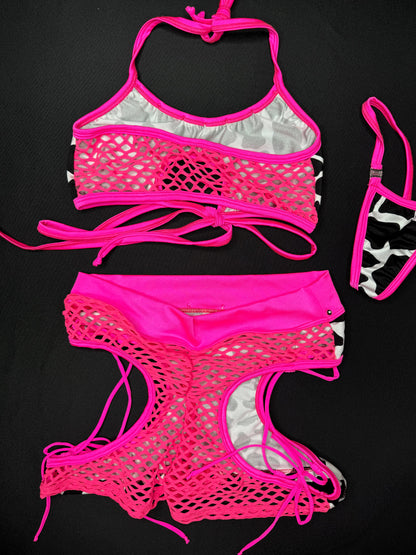 Cow Print/Hot Pink Fishnet Two-Piece Shorts/Sports Bra Lingerie Outfit