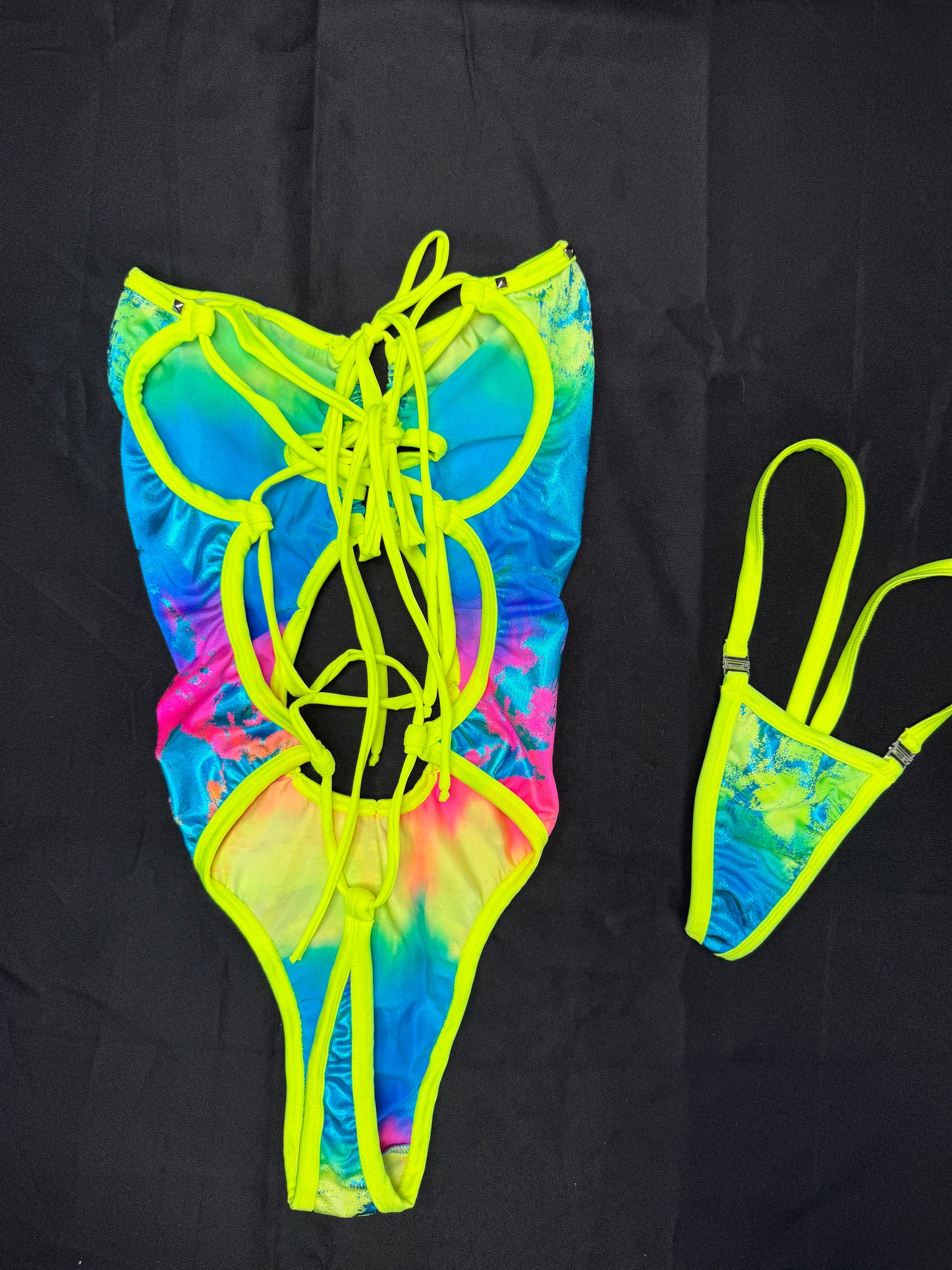 Neon Yellow/Multi Color Spandex One-Piece Lingerie Outfit