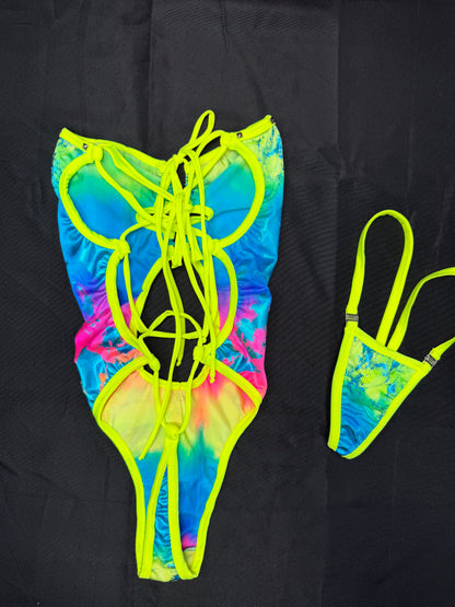 Neon Yellow/Multi Color Spandex One-Piece Lingerie Outfit