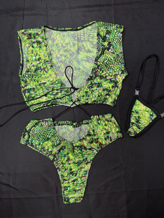 Green Snake Skin Animal Print Spandex One-Piece Lingerie Outfit