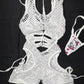 White Kitty Heart Spandex/White Fishnet Sleeveless Romper Lingerie Outfit