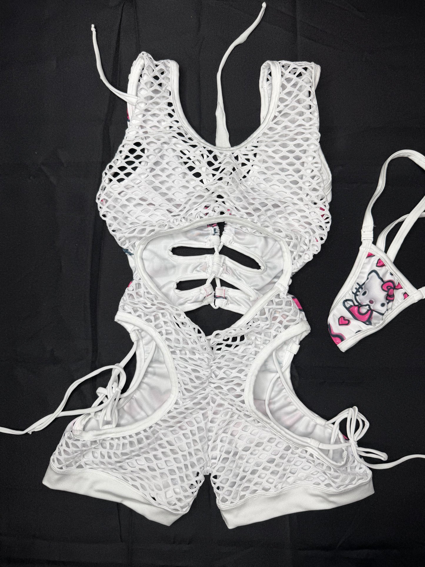 White Kitty Heart Spandex/White Fishnet Sleeveless Romper Lingerie Outfit