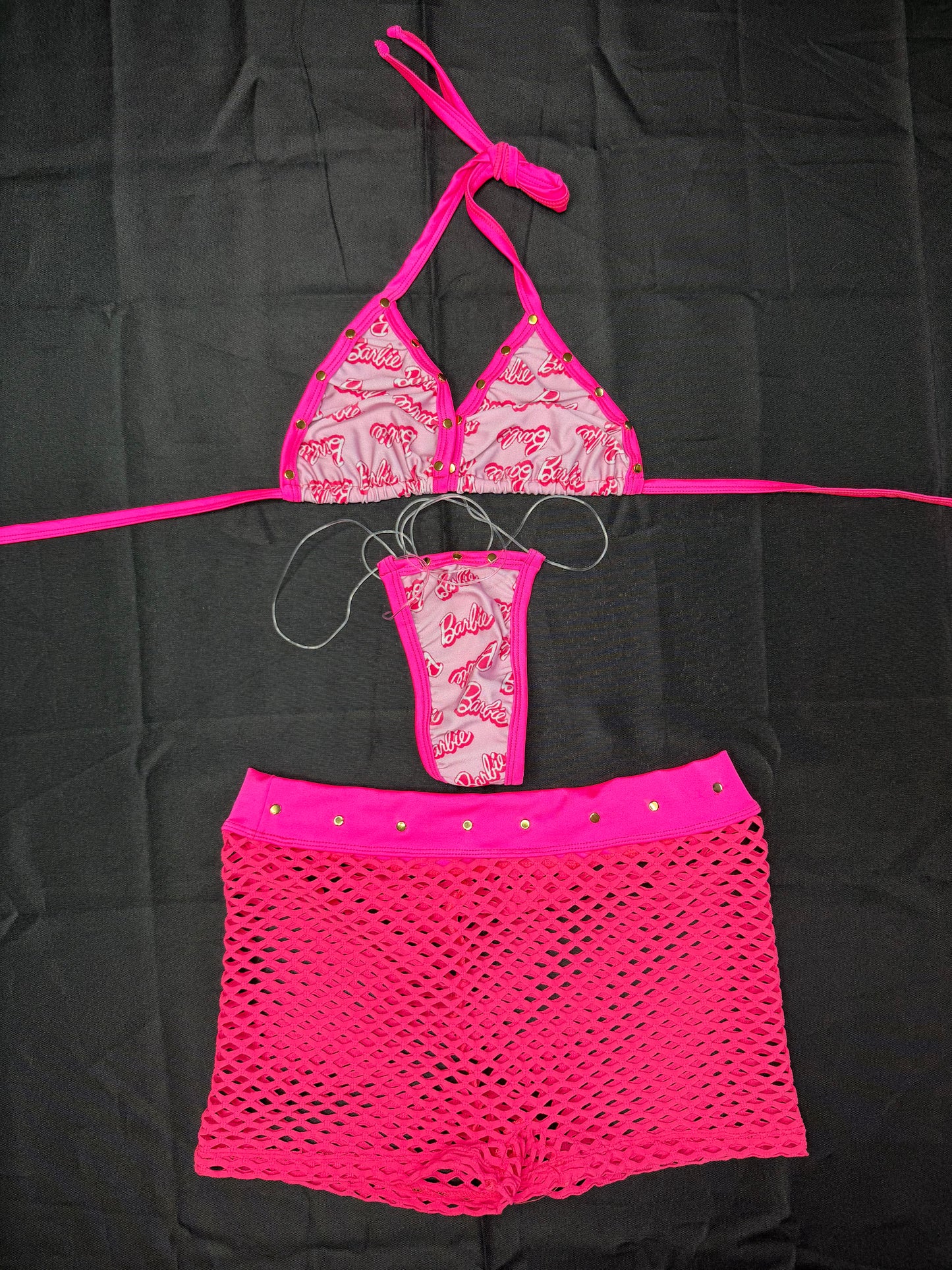Designer Hot Pink/Baby Pink Spandex Three-Piece Lingerie Outfit
