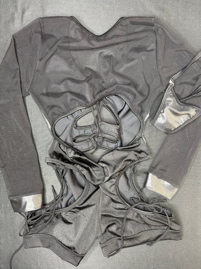 Black Spandex/Mesh Long Sleeve Romper One-Piece Lingerie Outfit
