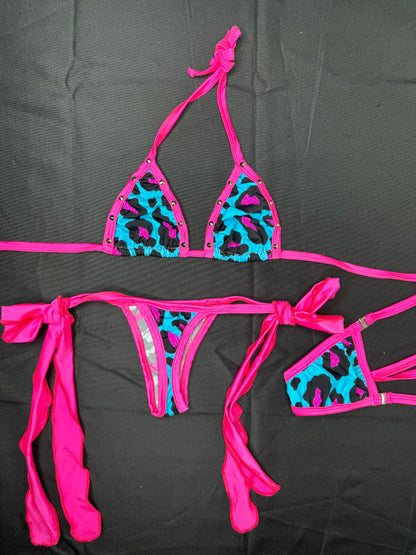 Blue Animal Print/Hot Pink Two-Piece Lingerie Outfit