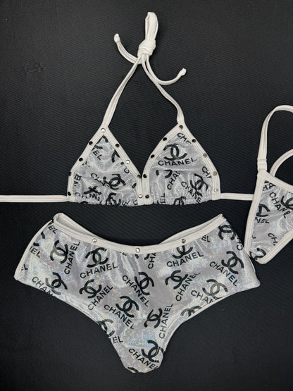 Designer Holographic Silver/White Spandex Bikini Top/Shorts Two-Piece Lingerie Outfit