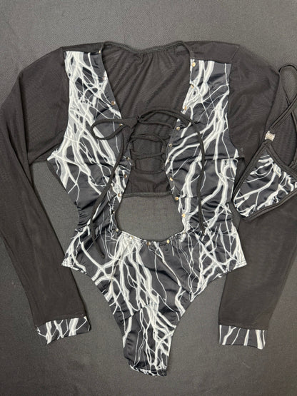 Grey Thunder Print Spandex Leotard One-Piece Lingerie Outfit