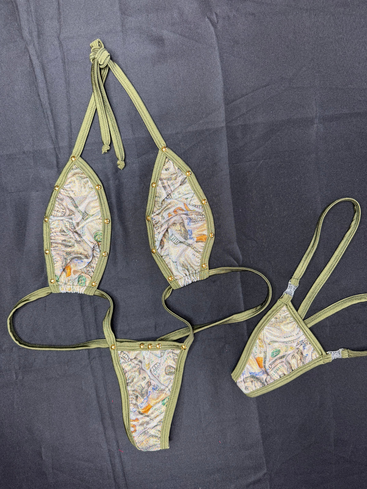 Holographic Money Print/Green Spandex One-Piece Sling-Shot Lingerie Outfit