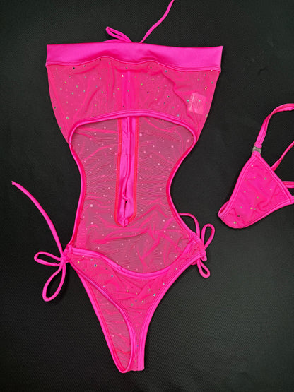 Hot Pink Sparkle Mesh One-Piece Lingerie Outfit