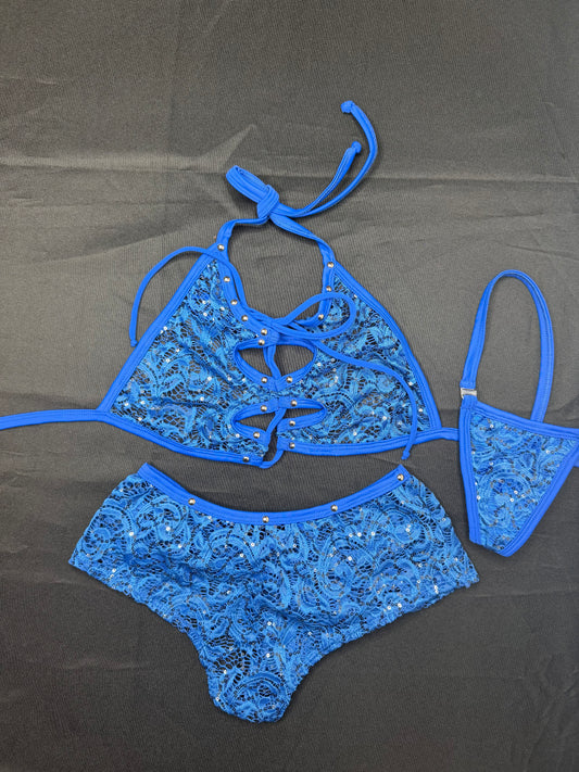 Blue Lace Bikini/Shorts Two-Piece Lingerie Outfit
