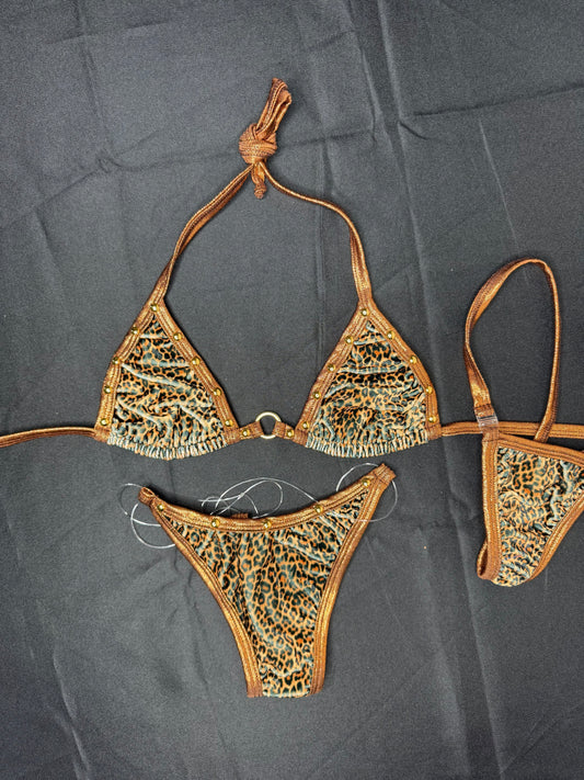 Cheetah Print VELVET/Metallic Copper Spandex Two-Piece Bikini Lingerie Outfit