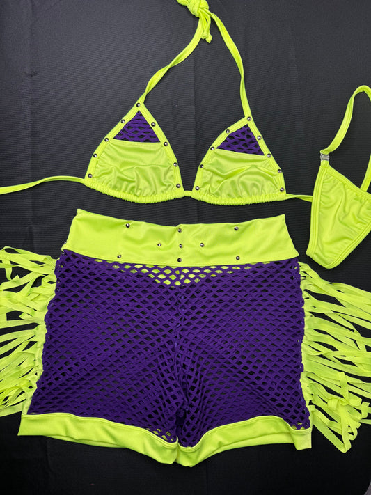 Neon Yellow/Purple Fringe Two-Piece Lingerie Outfit
