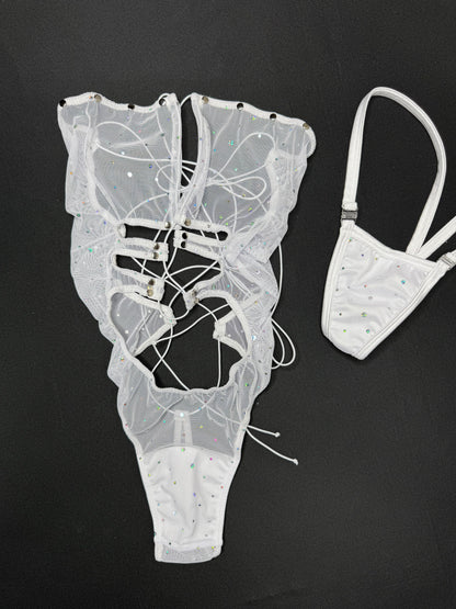 White Sparkle Mesh One-Piece Lingerie Outfit