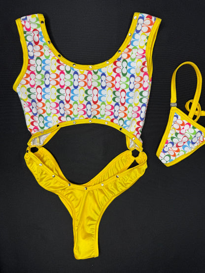 White Rainbow Designer/Yellow Spandex One-Piece Lingerie Outfit