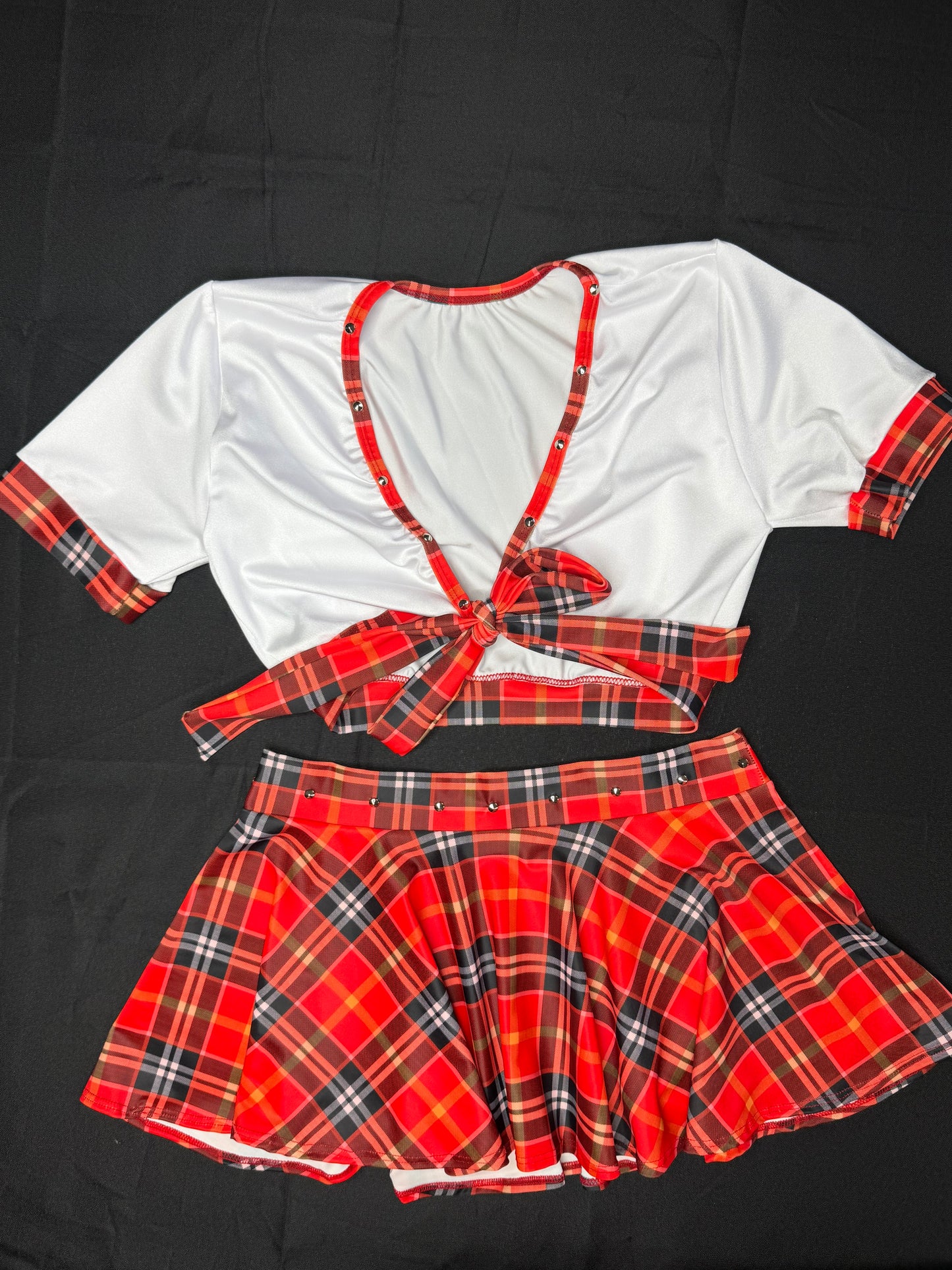 Bright Red/Orange/White Plaid Spandex Two-Piece Skirt with Tie School Girl Lingerie Outfit