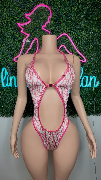 White/Baby Pink VELVET Designer One-Piece Lingerie Outfit