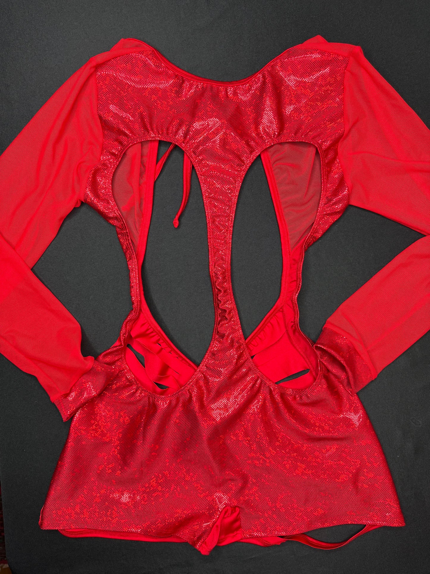 Metallic Red Spandex/Red Mesh Ripped Back Romper Lingerie Outfit