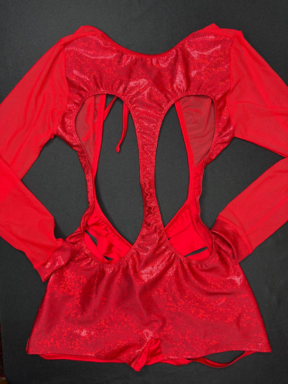 Metallic Red Spandex/Red Mesh Ripped Back Romper Lingerie Outfit